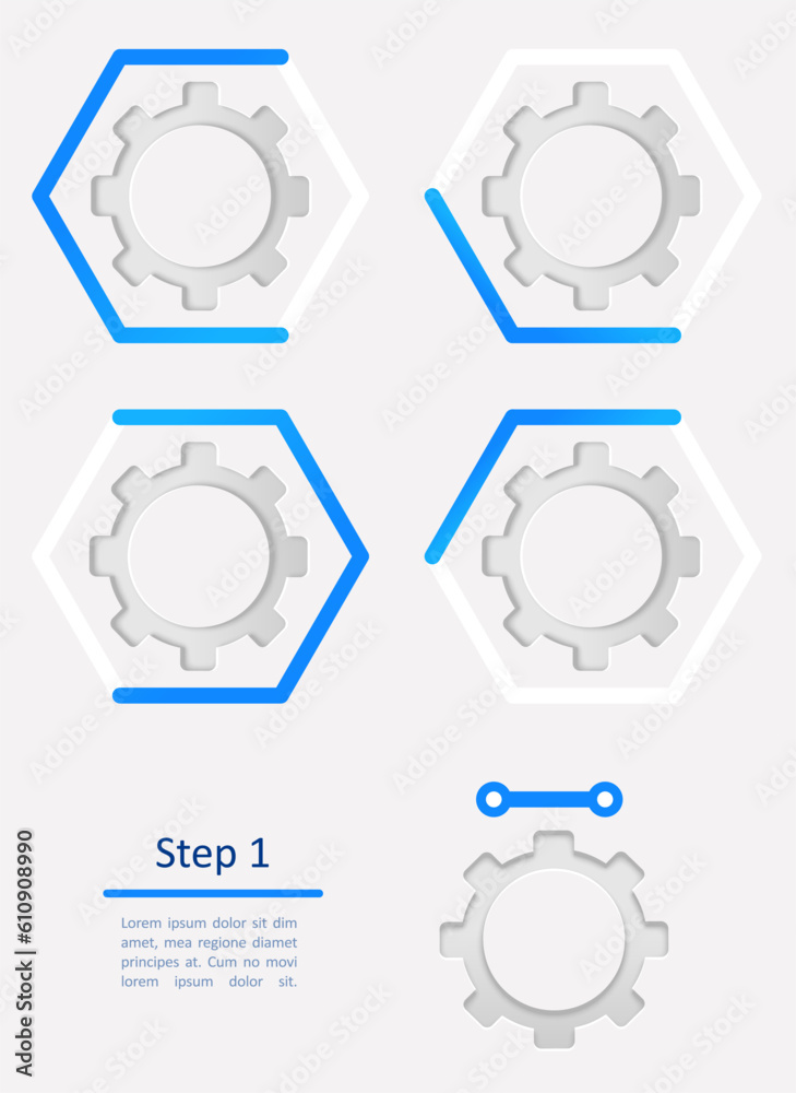 Hexagons filled with cogwheels infographic chart design element set. Abstract vector symbols for infochart with blank copy spaces. Kit with shapes for instructional graphics. Visual data presentation Hexagons filled with cogwheels infographic chart design element set. Abstract vector symbols for infochart with blank copy spaces. Kit with shapes for instructional graphics. Visual data presentation