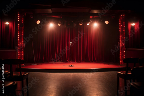 Stage with red curtains, microphone and spotlight Fototapet