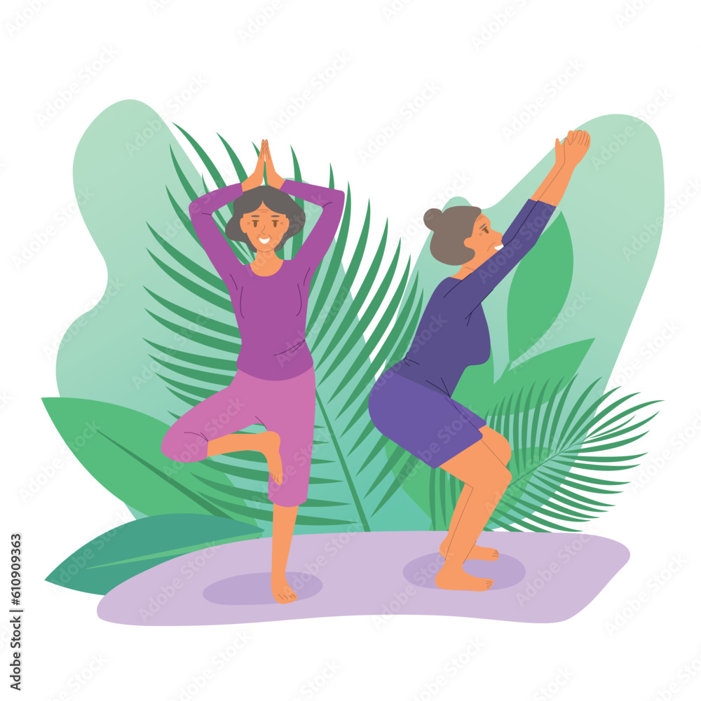Senior women doing yoga. Old ladies makes morning yoga or breathing exercises. Isolated vector illustration. Mental health concept