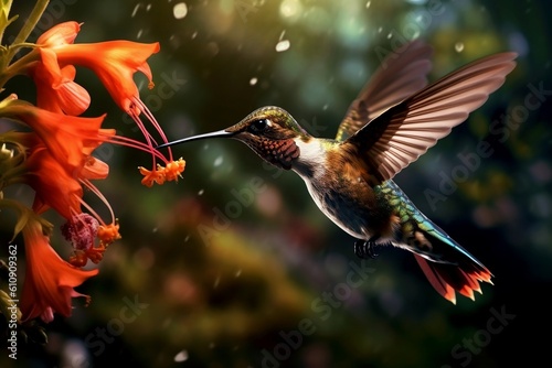 Hummingbird in Flight Collecting Nectar, Generative AI © Flowstudio