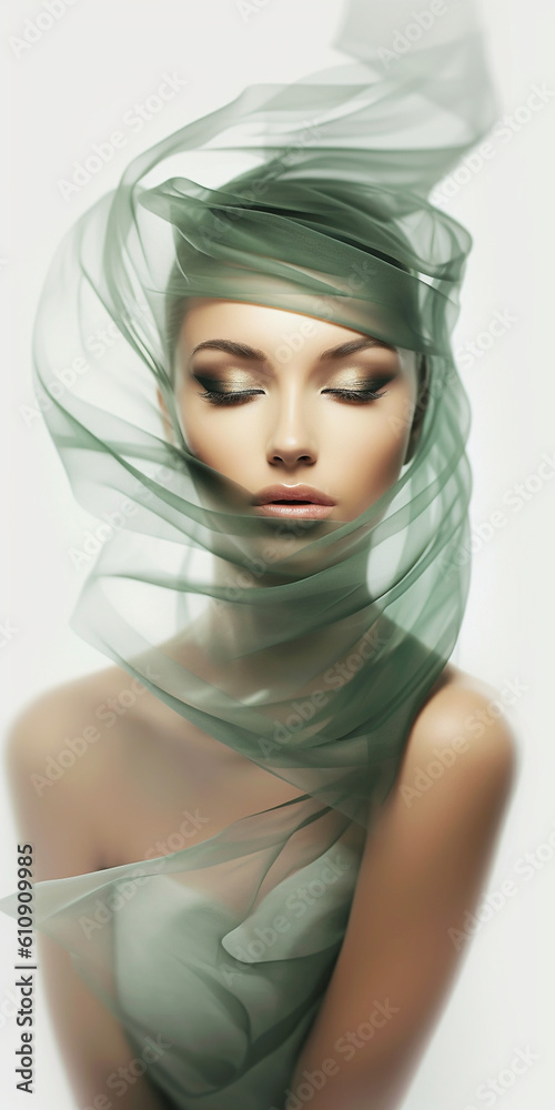 Elegantes Fashion Model Gesicht mit schöner Visagistik und grünen transparenten fliegenden Tüll umhüllt Nahaufnahme, ai generativ Elegantes Fashion Model Gesicht mit schöner Visagistik und grünen transparenten fliegenden Tüll umhüllt Nahaufnahme, ai generativ
