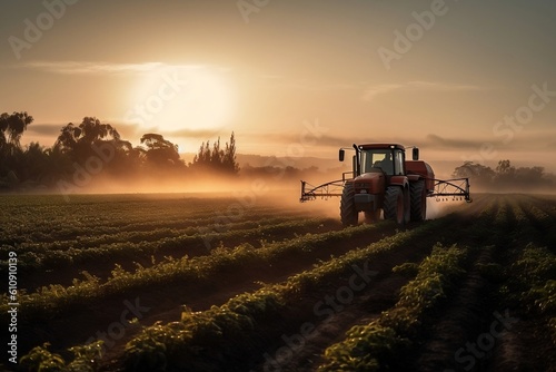 Tractor Spraying Pesticides on Plantation Field Agricultural Pest Control. Generative AI