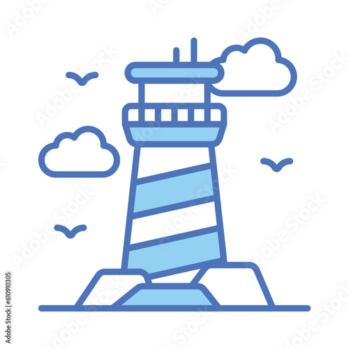 A tower containing a beacon light to warn or guide ships at sea, well designed icon of lighthouse