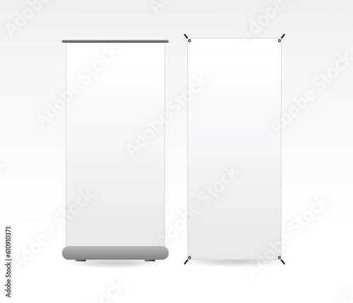 set of realistic trade exhibition banner stand or white blank exhibition kiosk or stand booth corporate commercial.
