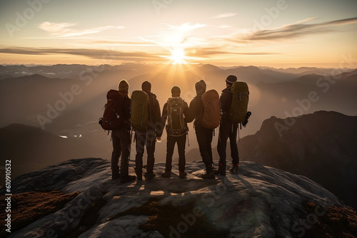Five friends with backpacks hugging at the summit of a mountain chase looking at a beautiful stunning amazing view of the ocean sunrise or sunset. Freedom and travel concept. Generative AI Technology