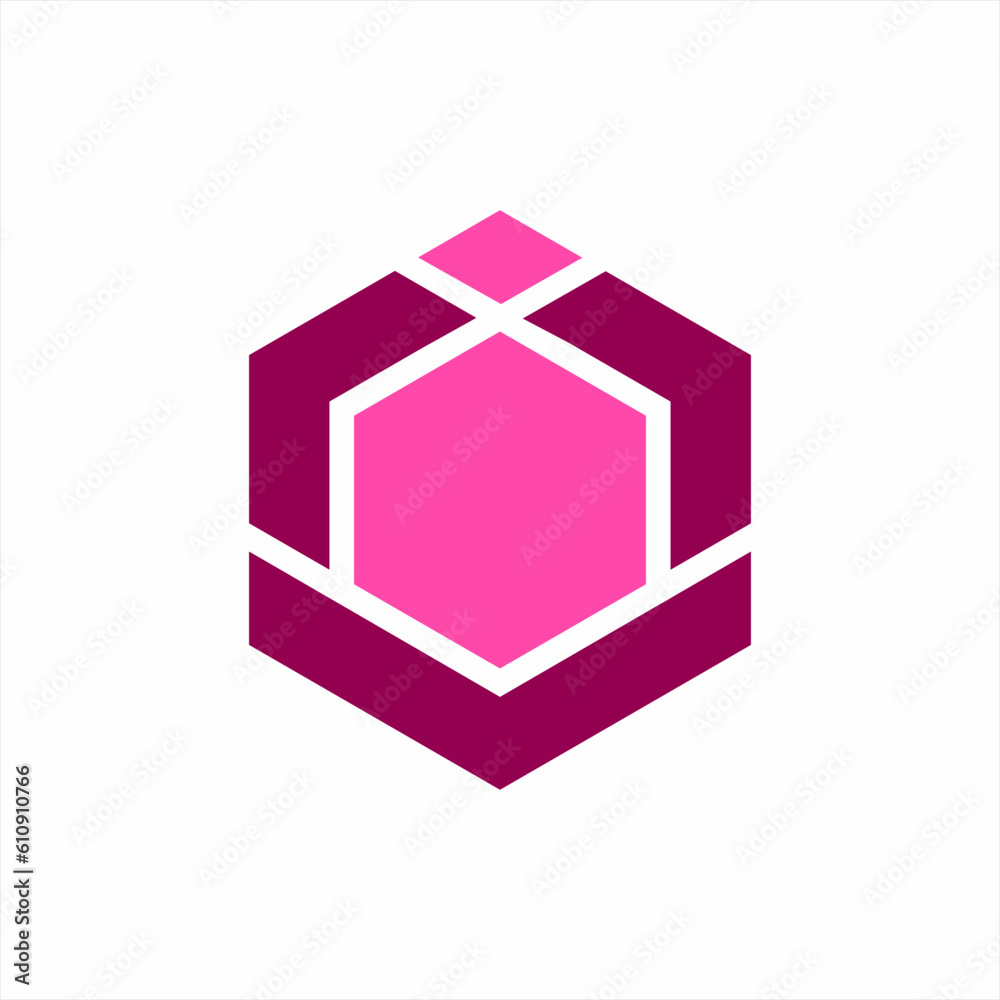Abstract geometric M letter logo design with hexagon and down arrow sign.