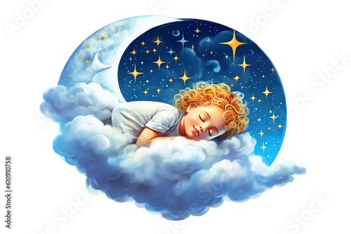 sleep concept. girl sleeping on the moon isolated on white background. Generated by AI.