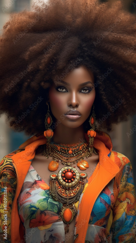 Afroamerikanische Frau Gesicht und orange farbigen Outfit Nahaufnahme, ai generativ