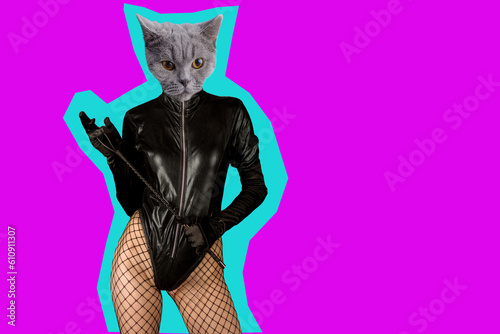 Contemporary art collage. Beautiful dominant woman in latex body, gloves and cat head posing with riding crop.