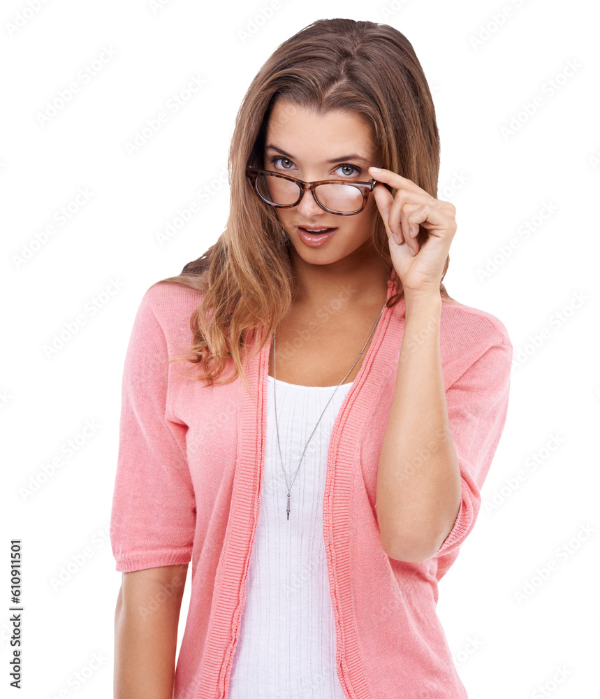Portrait, fashion and glasses with a model woman isolated on a transparent background for vision. Eyewear, style or prescription frame lenses with an attractive young female person posing on PNG Portrait, fashion and glasses with a model woman isolated on a transparent background for vision. Eyewear, style or prescription frame lenses with an attractive young female person posing on PNG