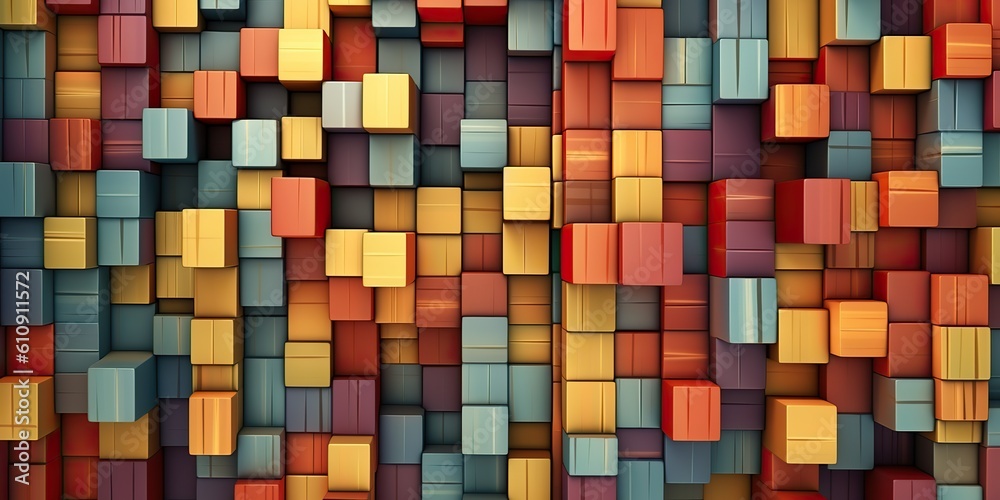 AI Generated. AI Generative. Carved wood cube blocks vibrant timber color abstract geometric patter decoration. Graphic Art