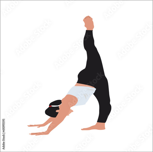 Young woman doing yoga. An enthusiastic performing yoga for fitness. Flat vector style illustration in white background. 