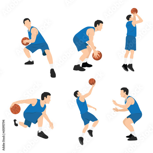 Basketball player. Group of 6 different basketball players in different playing positions. Flat vector illustration isolated on white background © lioputra