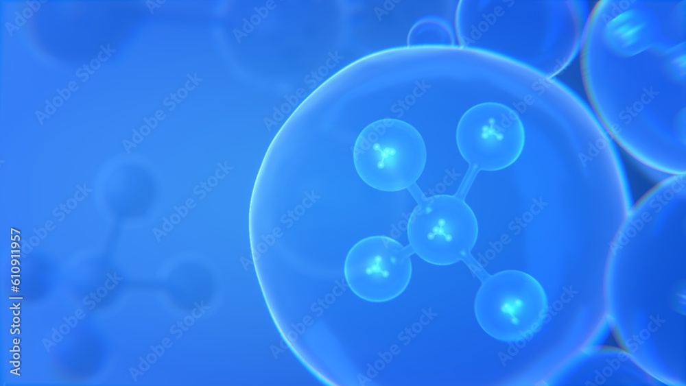Molecule inside Liquid Bubble, 3d illustration. 3d render