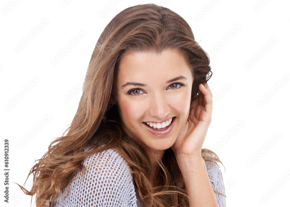 Portrait, beauty and hair with a model woman isolated on a transparent background for trendy style. Face, happy and smile with an attractive young female person at the hairdresser or salon on PNG