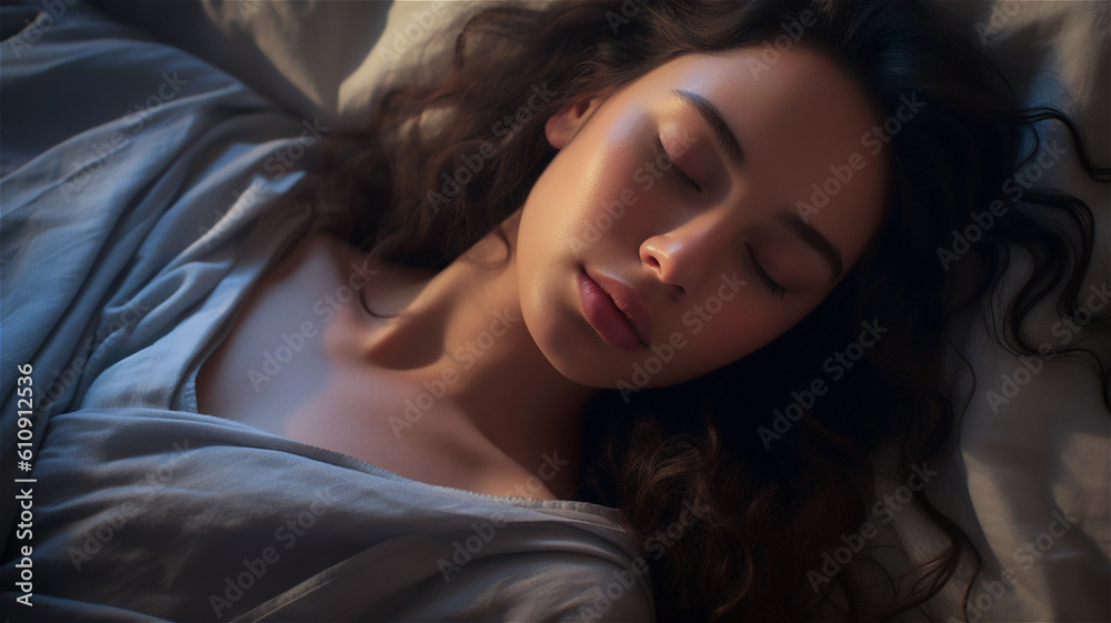 Naklejka premium Generative AI Illustration of A Woman Sleeping in the Morning with Sunlight on her Face