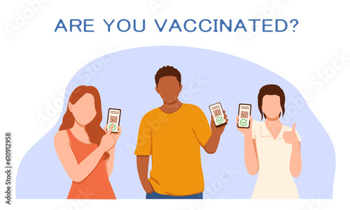 Vaccinated American man and ladies showing digital vaccination passport and certificate with bar code on mobile phone app. Health care concept. Vector flat illustration