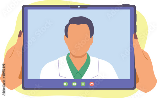 Remote teleconference with doctor on tablet. Distance group call. Video call meeting with therapist. Vector flat style illustration on white background