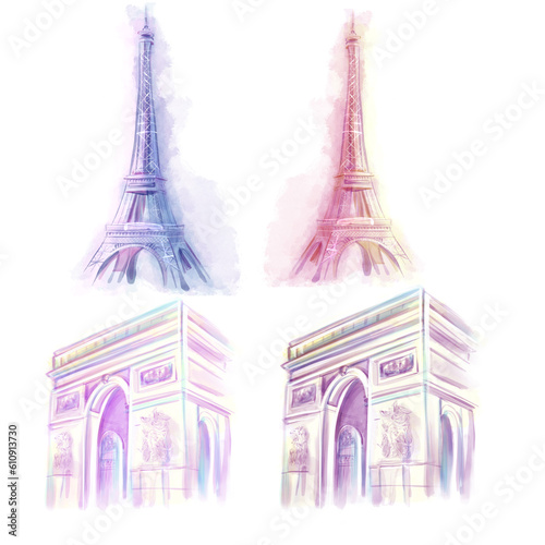 Fototapeta Naklejka Na Ścianę i Meble -  Watercolor illustration. sights and architecture of Paris. Eiffel Tower and Arc de Triomphe in romantic style, set of drawings, clipart