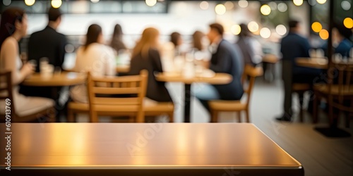 Empty wooden table and blurred cafe interior with people in background. Template for presentation. Generative Ai. Copy space