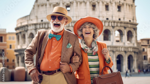 Tableau sur toile Older Couple whit fashion colorful clothes, suitcases and Colosseum in background