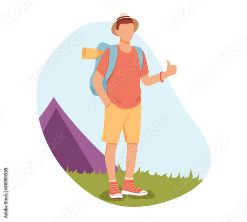 Tourist photos and recreation. Summer adventures. Male in tourist clothes with backpack standing near tent, hiking in camping. Voyage abroad. Joyful sunny tour. Vector flat illustration