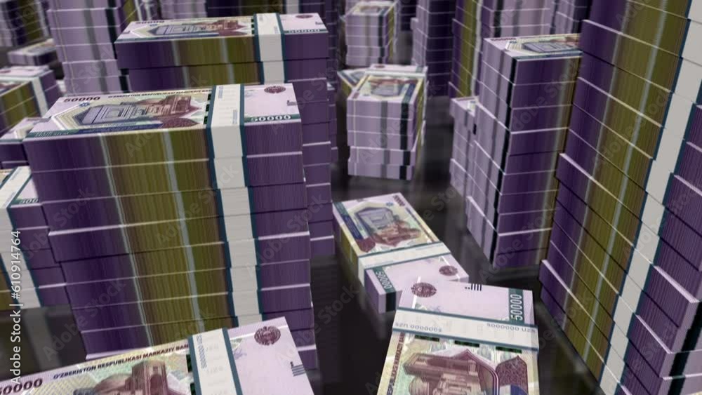 Uzbekistan money Uzbek Sum money notes packs loop. 3D flight over 50000 UZS banknotes stacks towers. Loopable seamless abstract background concept of business, economy crisis and finance. Uzbekistan money Uzbek Sum money notes packs loop. 3D flight over 50000 UZS banknotes stacks towers. Loopable seamless abstract background concept of business, economy crisis and finance.