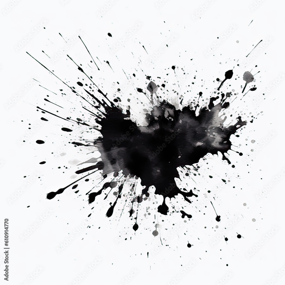 Black Ink Splatter Acrylic Paint Splat on White Paper, Ink splatted onto white background Black Ink Splatter Acrylic Paint Splat on White Paper, Ink splatted onto white background