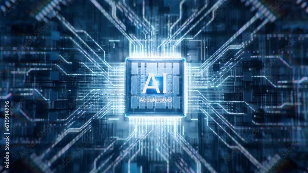 Concept: AI Letters on Glowing Chip. Advanced Futuristic Microprocessor Connecting with a Motherboard and Activates the entire System. Energy Pulse Expanding after CPU Connected to the Socket.