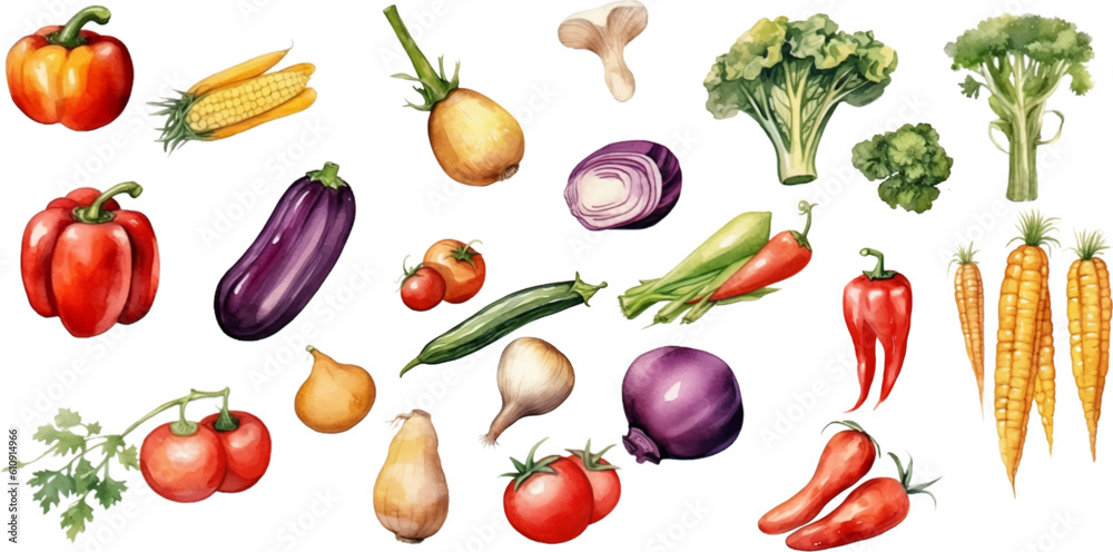 Set of watercolor mixed vegetables Easy to draw, white background Set of watercolor mixed vegetables Easy to draw, white background
