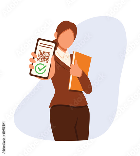 Vaccination save lives. Young female in office clothes holding mobile phone and show digital certificate. Health care concept, stop virus and flu. Vector flat illustration in blue colors