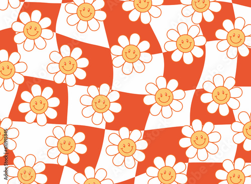 Groovy seamless patterns with funny happy daisy, wave, chess, mesh, retro trippy style. Hippie 60s, 70s style.