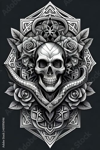 Intricate image of a skull and flowers. Old school tattoo. (AI-generated fictional illustration)
