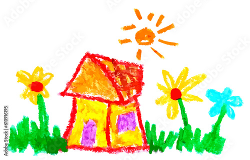 Cute children's drawing crayon illustration of house with flower in sunny day.