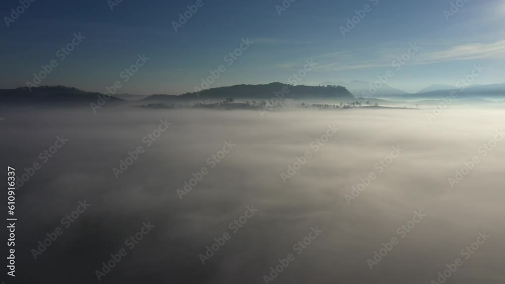 27c national road, Lac Duong, Lam Dong, Vietnam. Misty fog blowing over pine tree forest. Footage of spruce forest trees on the mountain hills at misty day. Morning fog at beautiful autumn forest. 27c national road, Lac Duong, Lam Dong, Vietnam. Misty fog blowing over pine tree forest. Footage of spruce forest trees on the mountain hills at misty day. Morning fog at beautiful autumn forest.