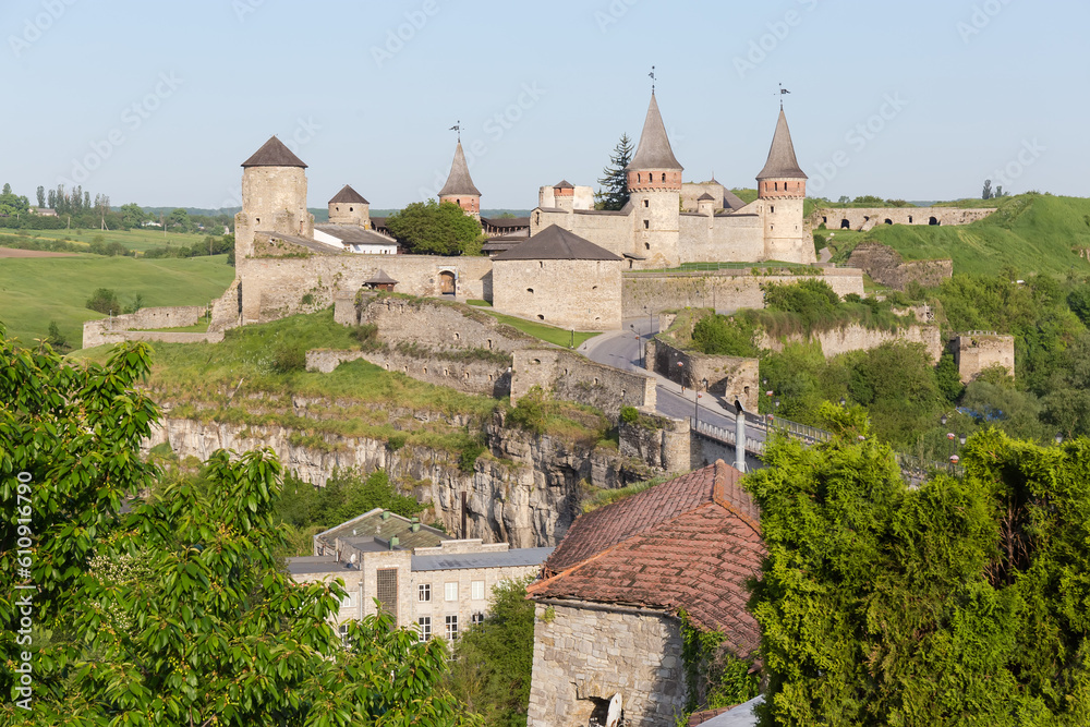 General view of mediaeval fortress in Kamianets-Podilskyi city, Ukraine.