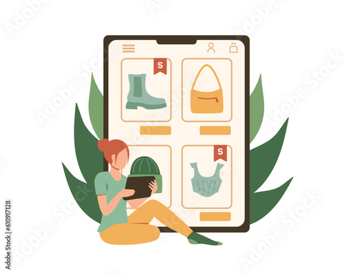 Faceless girl chooses new clothes on website on tablet. Online shoppers buying new goods using shopping apps. Electronic commerce benefits. Vector illustration