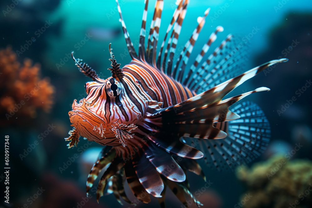 Close-up of a lionfish with its venomous spines on display - underwater, bokeh Generative AI Close-up of a lionfish with its venomous spines on display - underwater, bokeh Generative AI