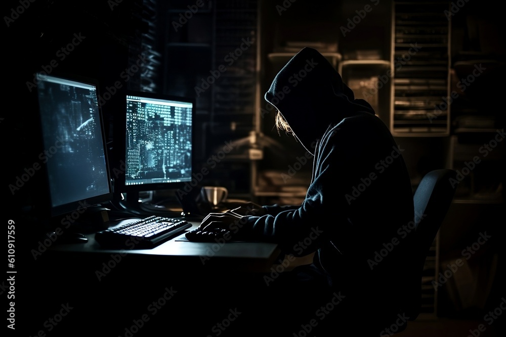 Male hacker man in mask and hood, sitting in apartment typing on laptop, hacking computer system. Internet, user privacy cybersecurity, blockchain, cybernetics, data protection concept. Generative AI Male hacker man in mask and hood, sitting in apartment typing on laptop, hacking computer system. Internet, user privacy cybersecurity, blockchain, cybernetics, data protection concept. Generative AI