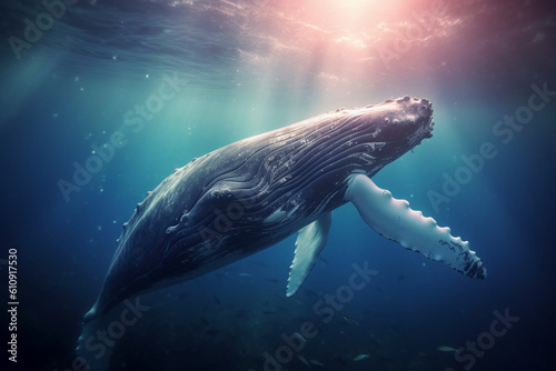 A majestic humpback whale breaching the surface of the water - underwater, bokeh Generative AI