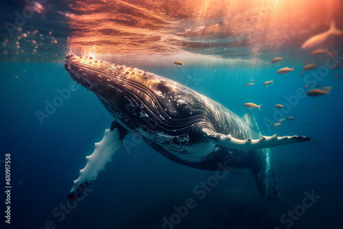 A majestic humpback whale breaching the surface of the water - underwater, bokeh Generative AI © Лариса Лазебная