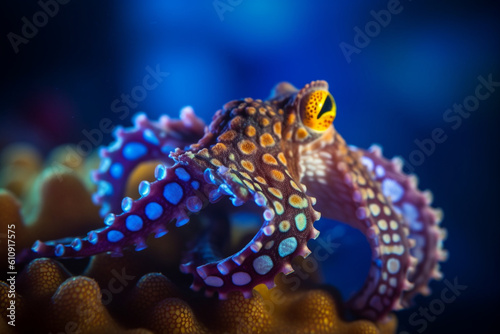 Close-up of a blue-ringed octopus displaying its vibrant patterns - underwater, bokeh Generative AI
