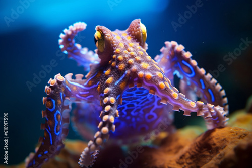 Close-up of a blue-ringed octopus displaying its vibrant patterns - underwater, bokeh Generative AI photo