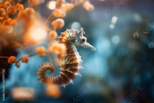 Macro shot of a delicate seahorse clinging to a coral branch - underwater, bokeh Generative AI