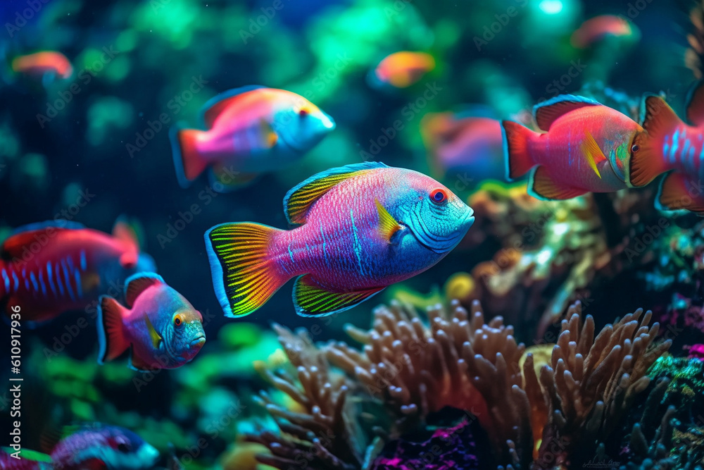 Schools of colorful parrotfish grazing on algae-covered coral - underwater, bokeh Generative AI