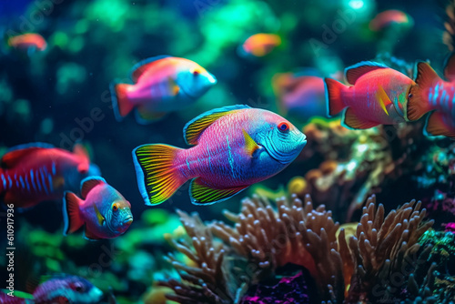 Schools of colorful parrotfish grazing on algae-covered coral - underwater, bokeh Generative AI