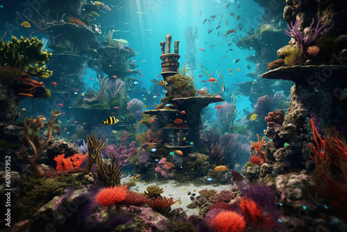 A wide-angle shot of a vibrant coral reef bustling with diverse marine life - underwater, bokeh Generative AI © Лариса Лазебная