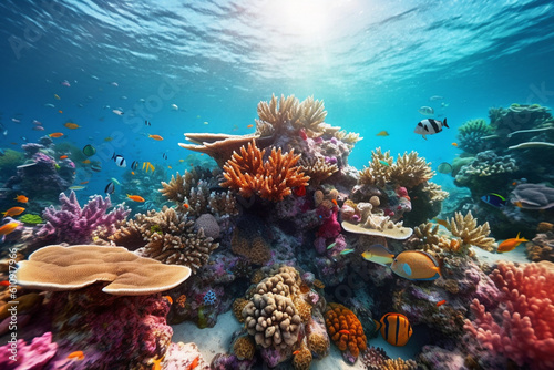 A wide-angle shot of a vibrant coral reef bustling with diverse marine life - underwater, bokeh Generative AI © Лариса Лазебная