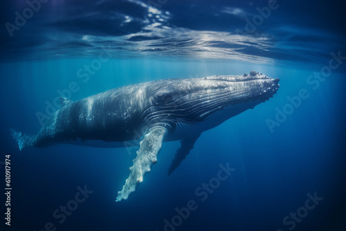 A majestic humpback whale mother nursing her calf underwater - underwater  bokeh Generative AI