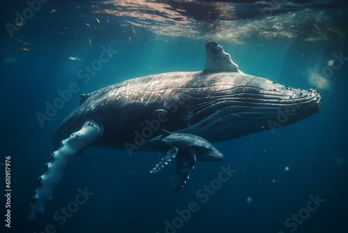 A majestic humpback whale mother nursing her calf underwater - underwater, bokeh Generative AI